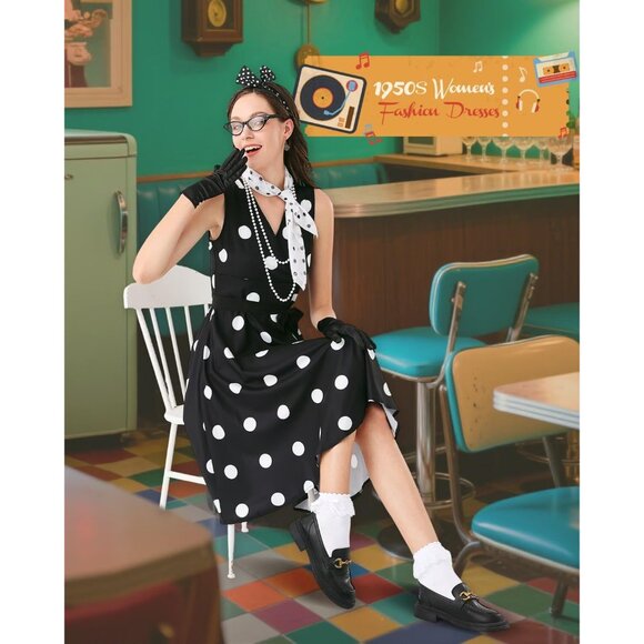 Women's 1950s Polka Dot Dress Vintage Sleeveless Outfit Accessories - Picture 4 of 7